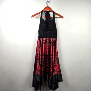 SANGRIA Halter Dress Asymmetrical‎ Open Back Black Red Womens Size 4